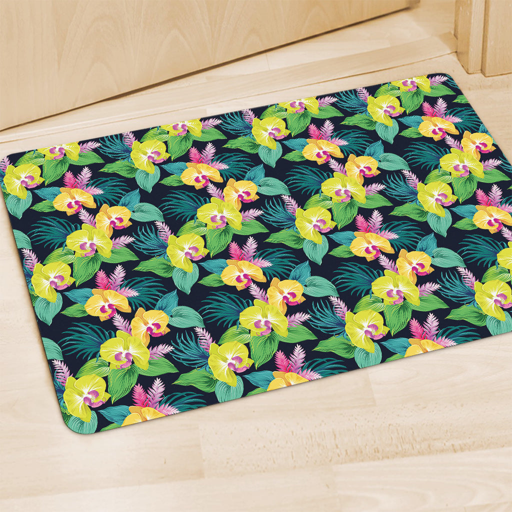 Yellow Orchid Pattern Print Polyester Doormat