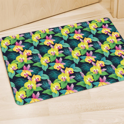 Yellow Orchid Pattern Print Polyester Doormat