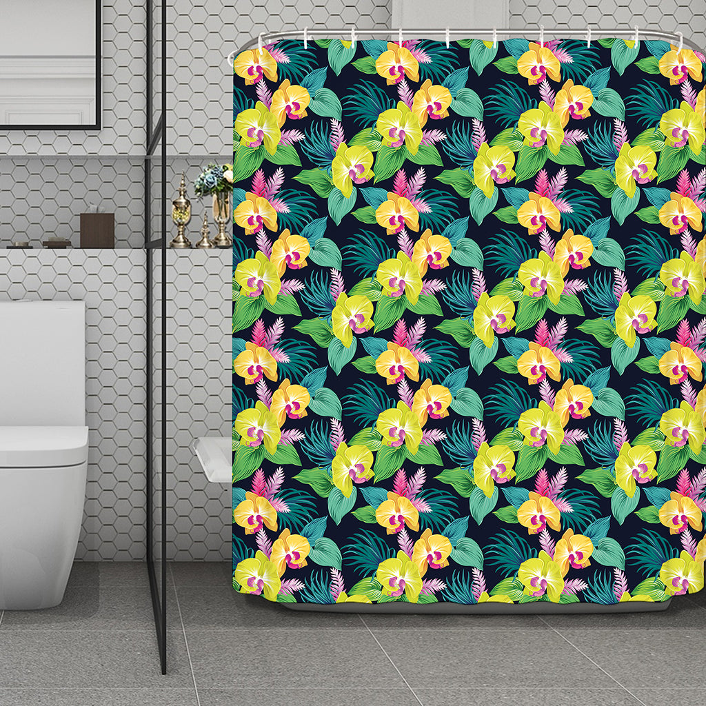 Yellow Orchid Pattern Print Polyester Shower Curtain