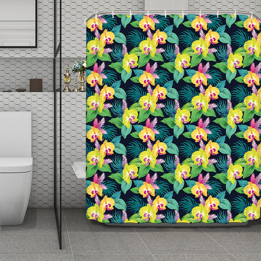 Yellow Orchid Pattern Print Polyester Shower Curtain