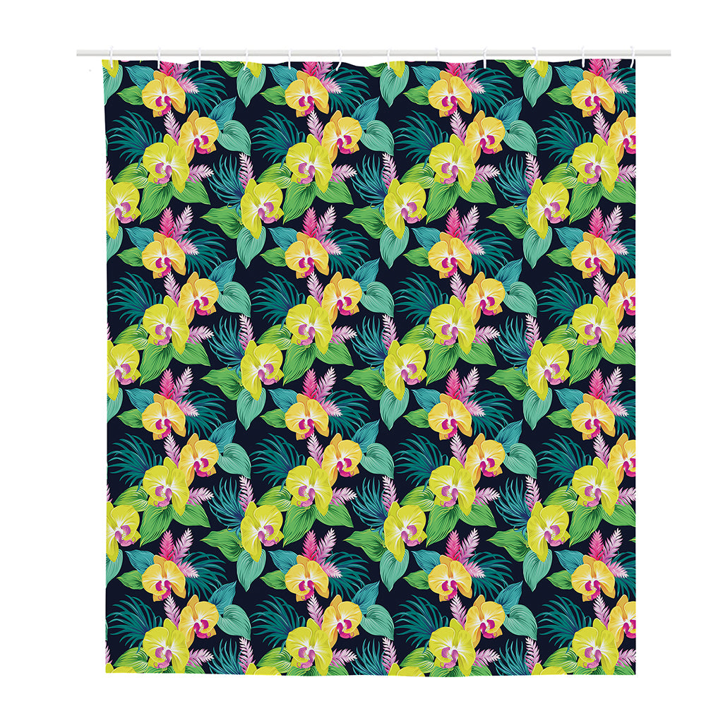 Yellow Orchid Pattern Print Polyester Shower Curtain