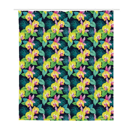 Yellow Orchid Pattern Print Polyester Shower Curtain