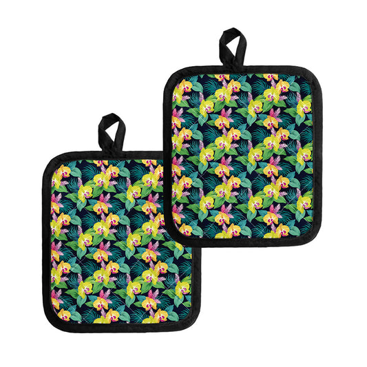 Yellow Orchid Pattern Print Pot Holders