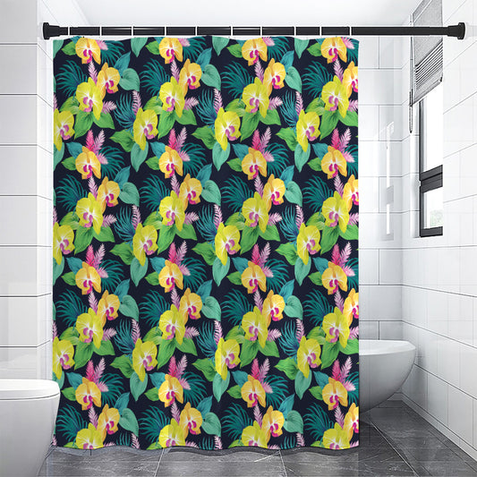 Yellow Orchid Pattern Print Premium Shower Curtain