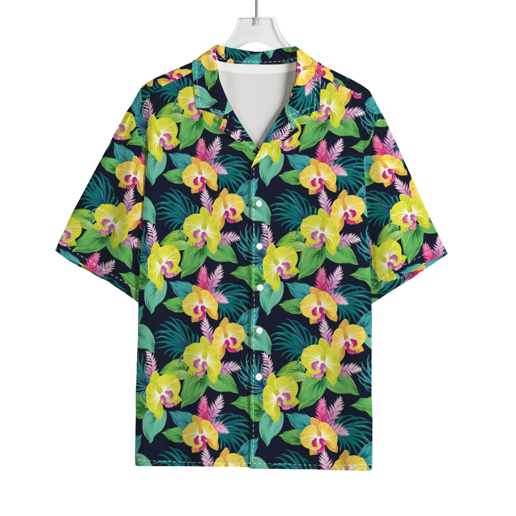 Yellow Orchid Pattern Print Rayon Hawaiian Shirt