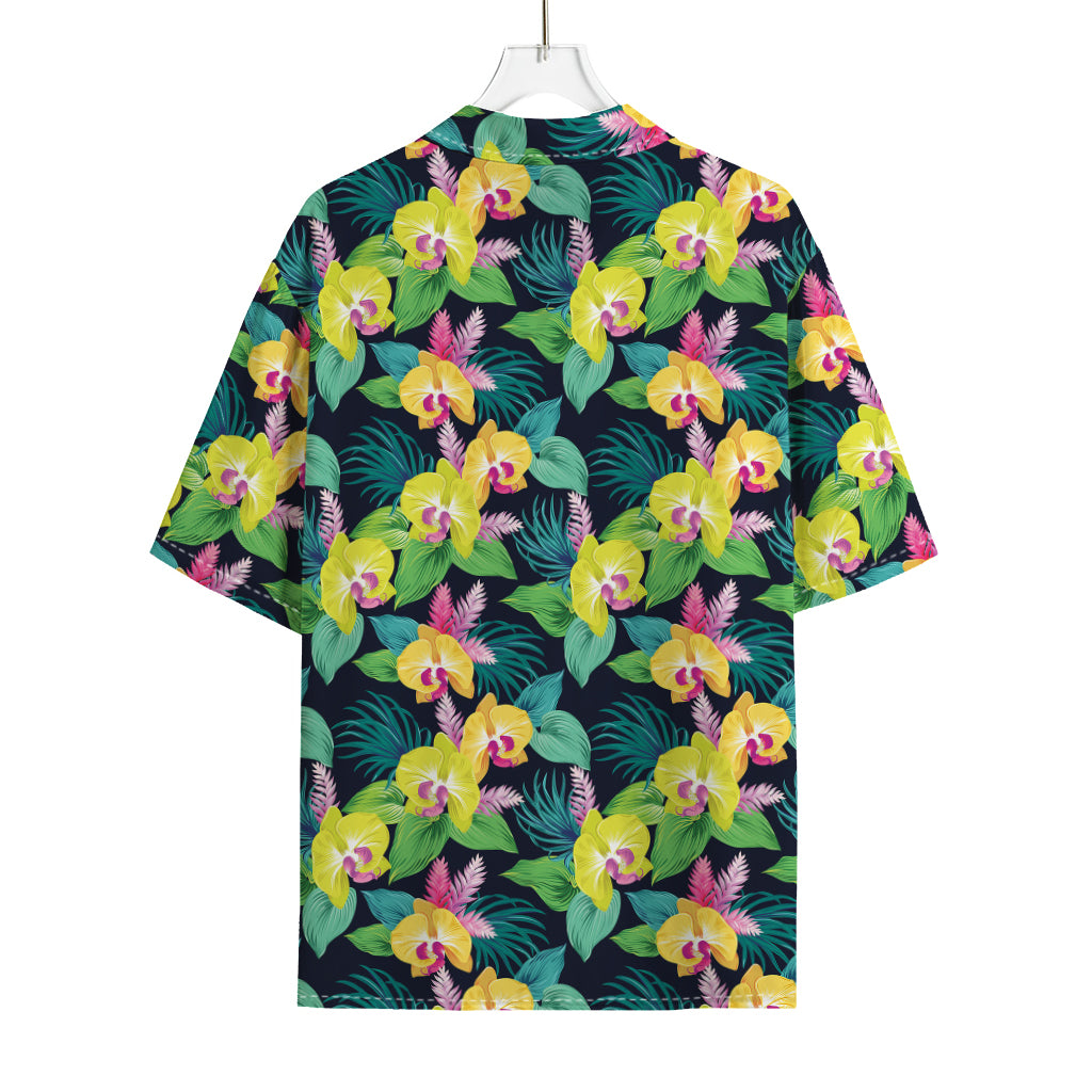 Yellow Orchid Pattern Print Rayon Hawaiian Shirt