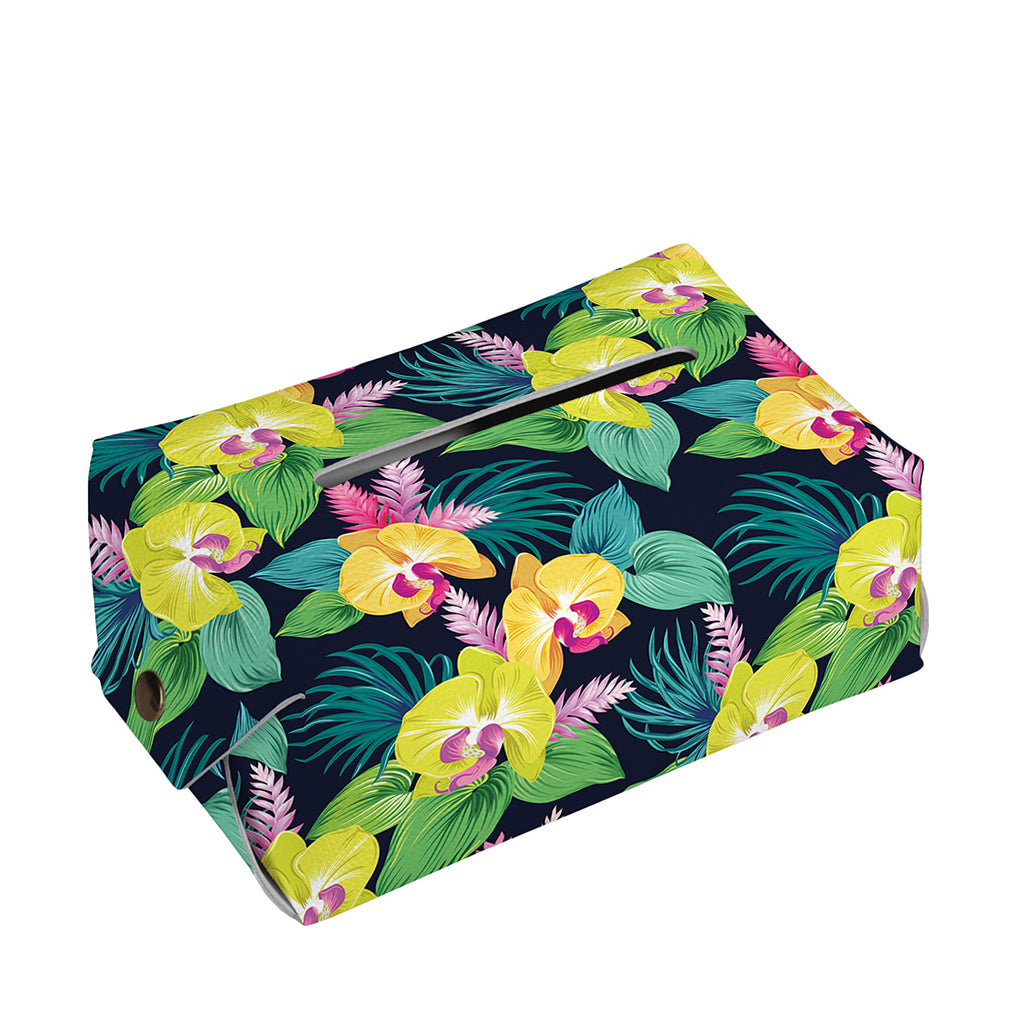 Yellow Orchid Pattern Print Rectangle Tissue Box Cover