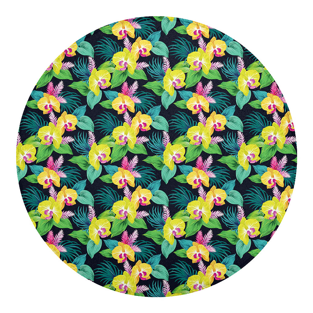 Yellow Orchid Pattern Print Round Blanket