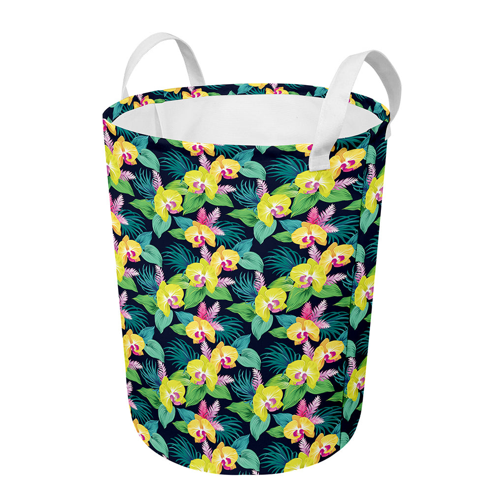 Yellow Orchid Pattern Print Round Laundry Basket
