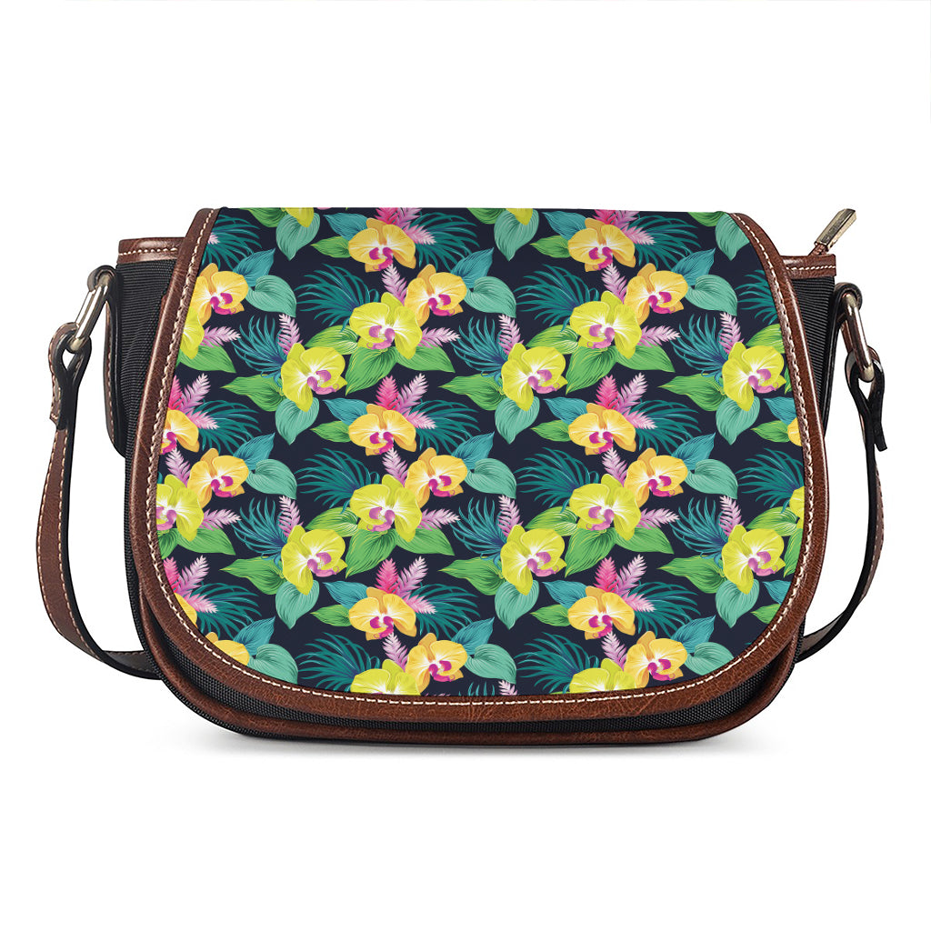 Yellow Orchid Pattern Print Saddle Bag