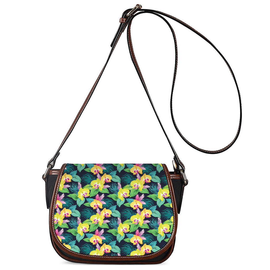 Yellow Orchid Pattern Print Saddle Bag
