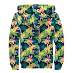 Yellow Orchid Pattern Print Sherpa Lined Zip Up Hoodie
