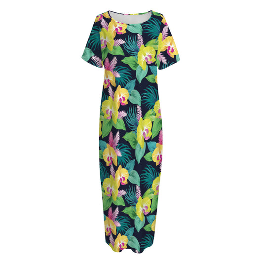 Yellow Orchid Pattern Print Short Sleeve Long Nightdress