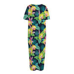 Yellow Orchid Pattern Print Short Sleeve Long Nightdress