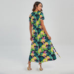 Yellow Orchid Pattern Print Short Sleeve Maxi Dress