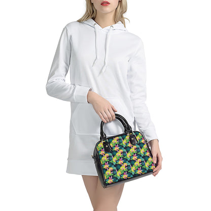 Yellow Orchid Pattern Print Shoulder Handbag