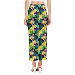 Yellow Orchid Pattern Print Side Slit Maxi Skirt