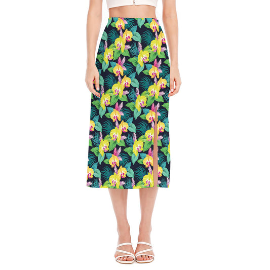 Yellow Orchid Pattern Print Side Slit Midi Skirt