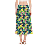 Yellow Orchid Pattern Print Side Slit Midi Skirt