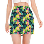 Yellow Orchid Pattern Print Side Slit Mini Skirt