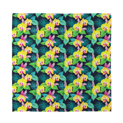 Yellow Orchid Pattern Print Silk Bandana