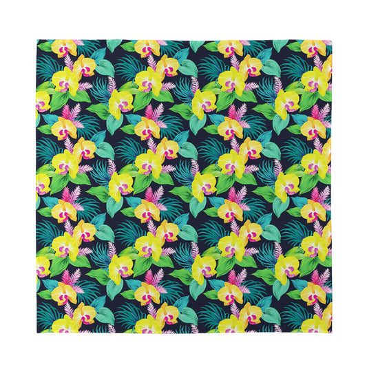 Yellow Orchid Pattern Print Silk Bandana