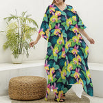 Yellow Orchid Pattern Print Silk V-Neck Kaftan Dress