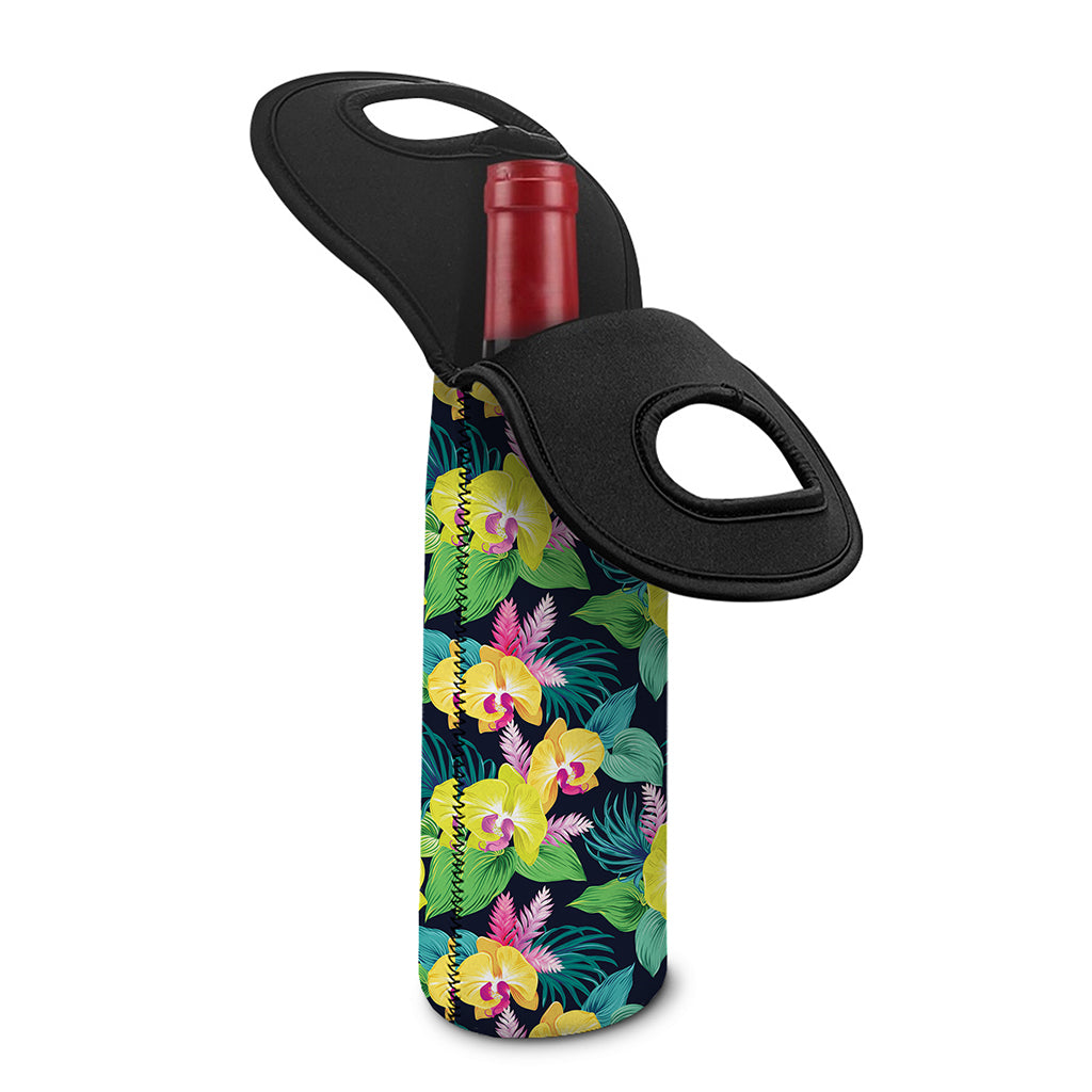Yellow Orchid Pattern Print Single Neoprene Wine Tote
