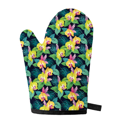 Yellow Orchid Pattern Print Single Oven Mitt