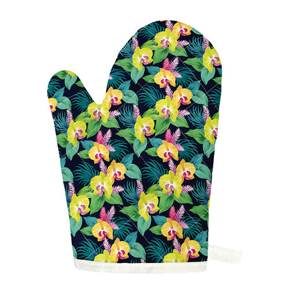 Yellow Orchid Pattern Print Single Oven Mitt