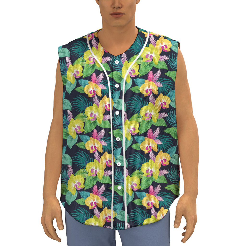 Yellow Orchid Pattern Print Sleeveless Baseball Jersey