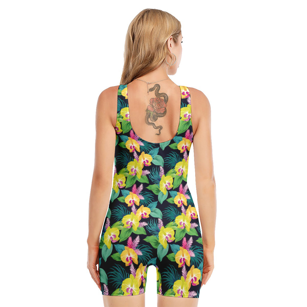 Yellow Orchid Pattern Print Sleeveless One Piece Swimsuit