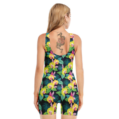 Yellow Orchid Pattern Print Sleeveless One Piece Swimsuit