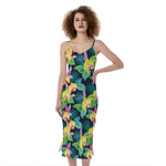 Yellow Orchid Pattern Print Slim Fit Midi Cami Dress