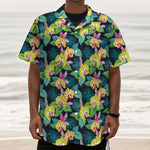 Yellow Orchid Pattern Print Textured Short Sleeve Shirt