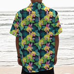 Yellow Orchid Pattern Print Textured Short Sleeve Shirt