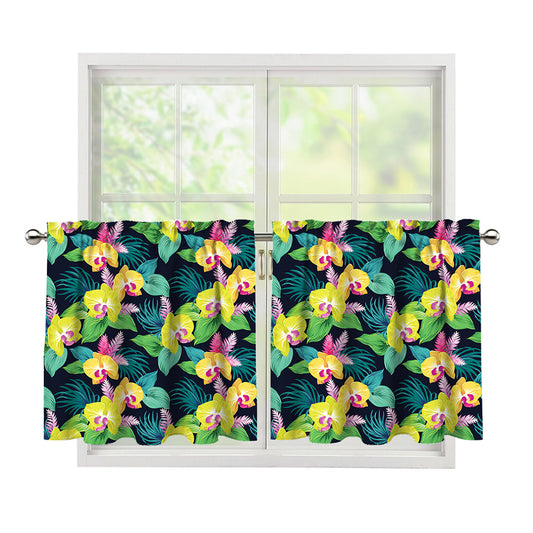 Yellow Orchid Pattern Print Tier Curtains