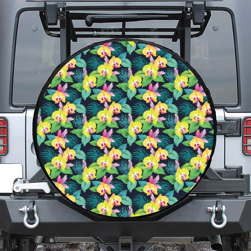 Yellow Orchid Pattern Print Tire Cover
