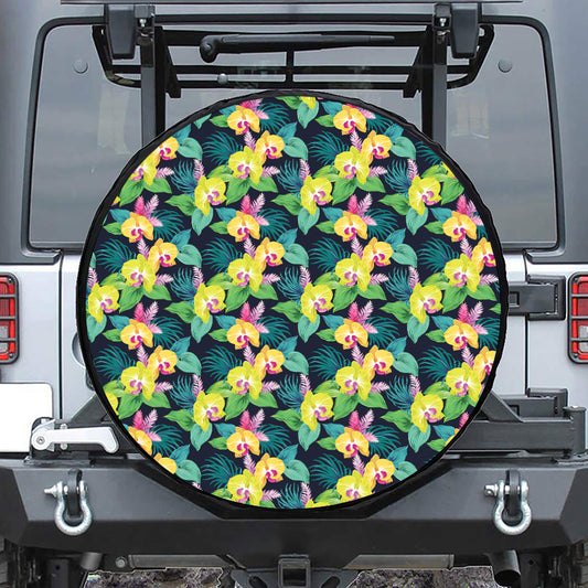 Yellow Orchid Pattern Print Tire Cover