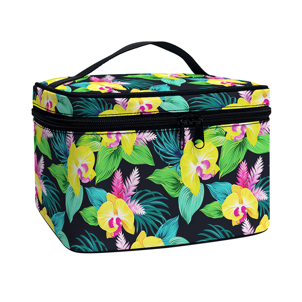 Yellow Orchid Pattern Print Travel Makeup Bag