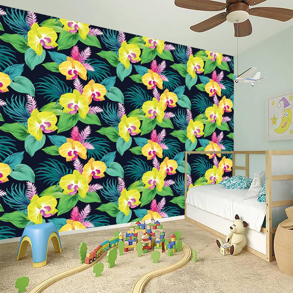 Yellow Orchid Pattern Print Wall Sticker