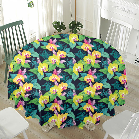 Yellow Orchid Pattern Print Waterproof Round Tablecloth