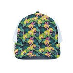 Yellow Orchid Pattern Print White Mesh Trucker Cap