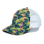 Yellow Orchid Pattern Print White Mesh Trucker Cap