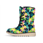 Yellow Orchid Pattern Print Winter Boots