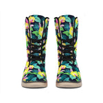 Yellow Orchid Pattern Print Winter Boots