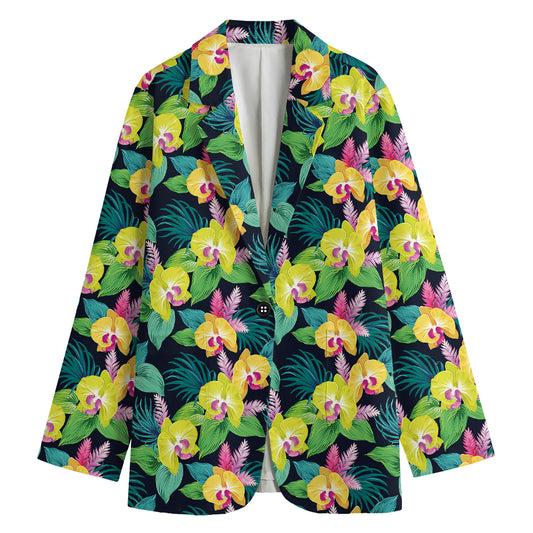 Yellow Orchid Pattern Print Women's Blazer