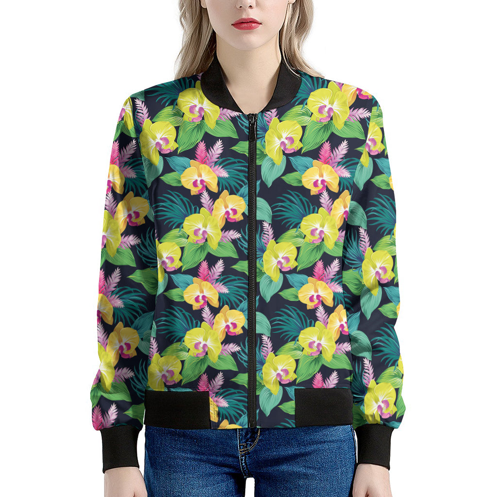 Yellow Orchid Pattern Print Women's Bomber Jacket
