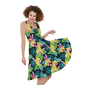 Yellow Orchid Pattern Print Sleeveless Knee Length Dress