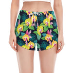 Yellow Orchid Pattern Print Women's Split Running Shorts